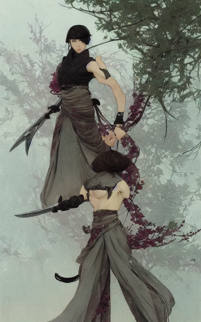 Image similar to modern elegant female ninja samurai, with large sword, feminine, powerful, beautiful, upper body, muscular arms and abdominals, full body, wide leg hakama trousers, highly detailed, digital painting, sakura tree petals, concept art, smooth, sharp focus, illustration, by gaston bussiere, mucha, gerome, craig mullins, greg rutkowski,