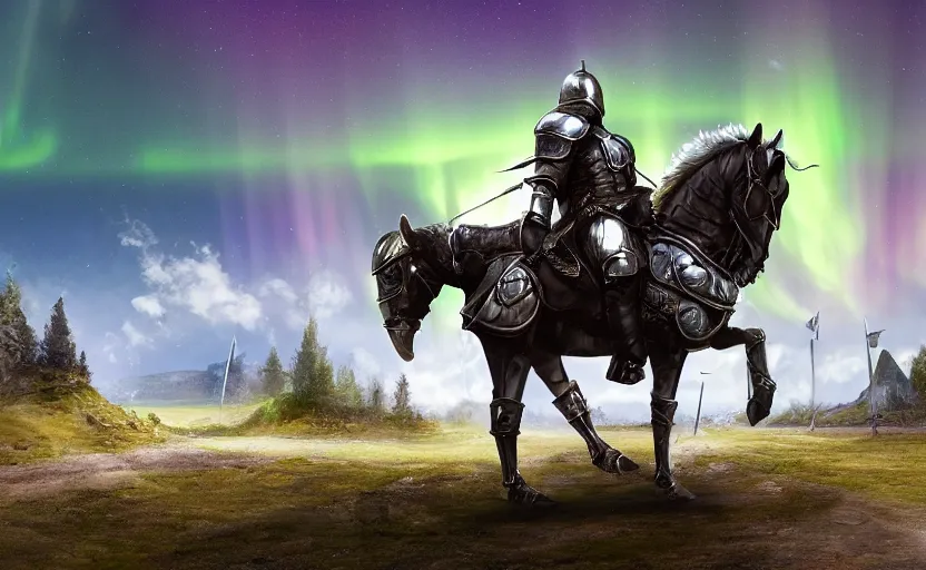 Prompt: knight crusader mounted in a horser, standing in frontal of a castle, castle realistic, armor of lightnings and helmet electricity hyperrealism, big forest world fantasy hyperrealism, sky rays of northern lights electricity artstation realistic, realistic artstation