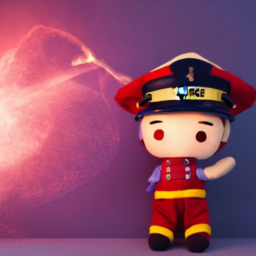 Image similar to cute fumo plush of a boy in a fireman uniform who casts fireballs, outline glow, lens flare, vray