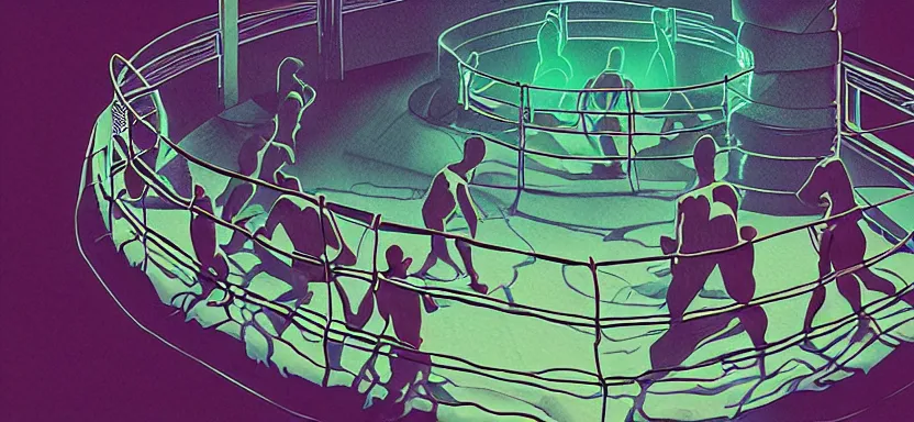 Image similar to handmade illustration of futuristic boxing ring, line art, octane render with volumetric lighting, watercolor by Kilian Eng and escher, olympic weight room in bladerunner neon radioactive swamp