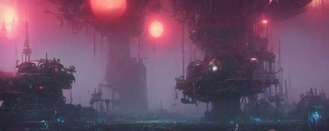 Image similar to ” outer planet with thick fog and steampunk structures, [ cinematic, detailed, epic, widescreen, opening, establishing, mattepainting, photorealistic, realistic textures, octane render, art by paul lehr ] ”