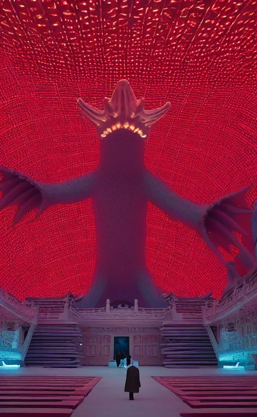 Image similar to light coming out of one starfish - like kaiju anthropomorphic monster, korean film noir by kim jong - il, korean traditional palace, pyongyang city, 1 9 6 0 s, red color bleed, 4 k, video compression, video glitch, monochrome, akira kurosawa, mamoru oshii, wes anderson, stanley kubrick