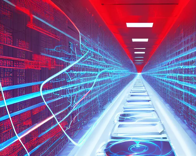 Image similar to datacenter with red laser trip - wire alarm system in the style of mission impossible, server in the middle, deep view, heavy blue led lights, wires connected, award winning, extremely detailed, artstation, 8 k, incredible art