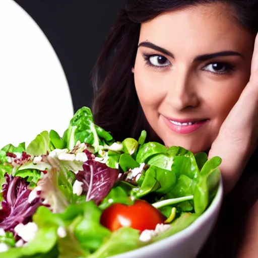 Image similar to extremely detailed professional photo, studio lighting, woman with bowl of salad