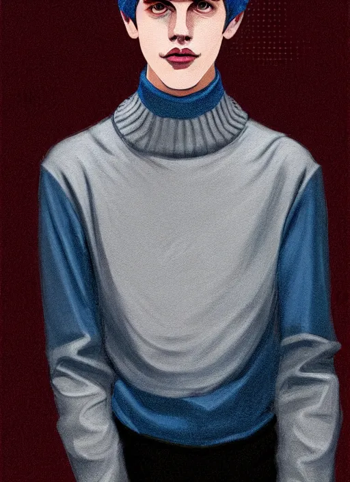 Image similar to portrait of teenage jughead jones wearing a light grey crown, crown, blue turtleneck, 1 9 5 0 s, closed eyes, photorealistic, black hair, glowing lighting, intricate, elegant, glowing lights, highly detailed, digital painting, artstation, concept art, smooth, sharp focus, illustration, art by wlop, mars ravelo and greg rutkowski