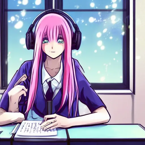 Prompt: high definition anime portrait of an anime girl with pastel colored hair sitting at a desk studying with headphones on, background is a window looking out into a busy Tokyo district, lo-fi art, masterpiece by Hirohiko Araki, trending on artstation, sharp high quality anime, digital art, photoshop, proportionate, ambient lighting, clear facial festures