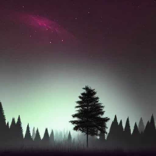 Prompt: A dark forest in the night from where you can see the Orion Nebula in the sky, digital illustration highly detailed, elegant, faint dynamic lighting, 4K