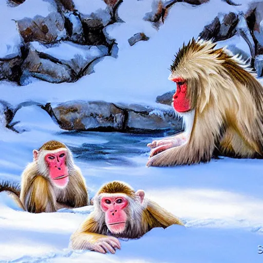 Prompt: snow monkeys at the mountain spa, digital art by Steve Henderson