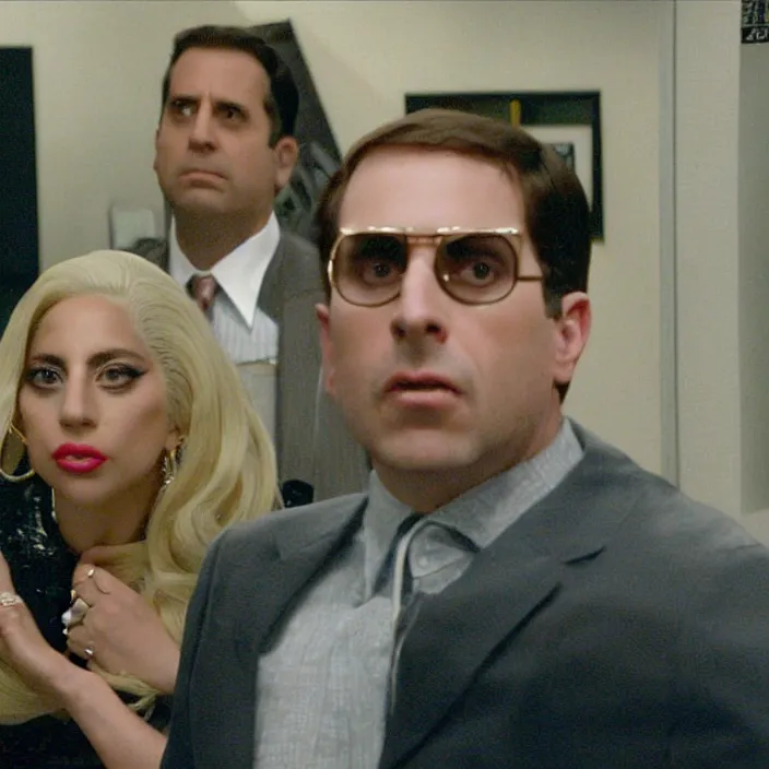 Image similar to lady gaga looking at the camera, from the office ( 2 0 0 5 ), detailed background, in the middle of dwight schrute and michael scott.