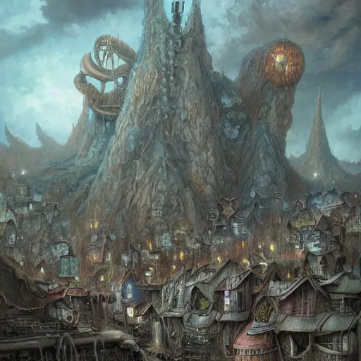 Image similar to an epic hyperdetailed 3 d matte painting of a wiccan shantytown in the victorian village surrounded by colossal biomorphic hallucinogenic demonic eldritch beings by peter mohrbacher by gerald brom by yoji shinkawa by richard michael gorman powers