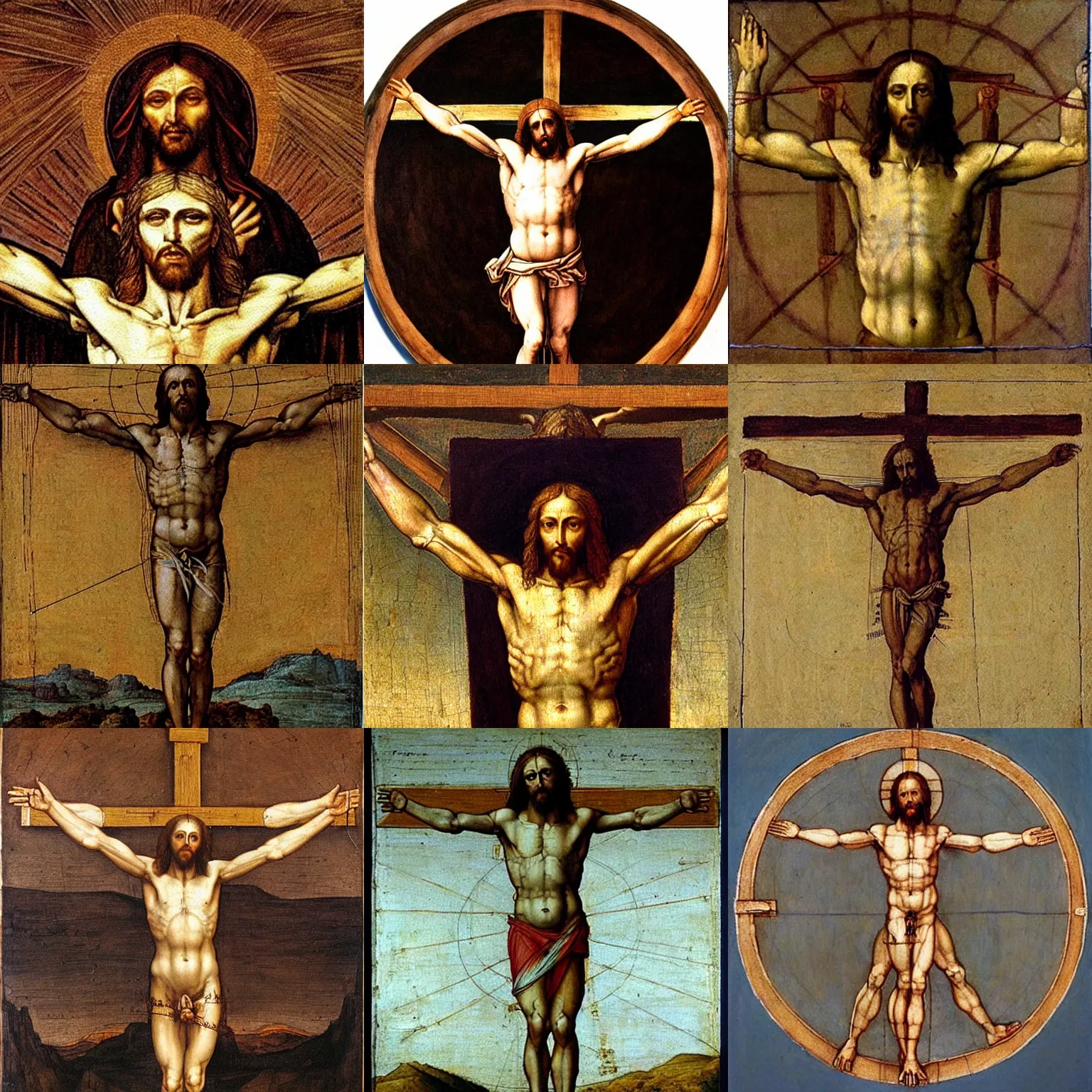 Prompt: highly detailed painting of jezus christ crucified as the vitruvian man by leonardo da vinci