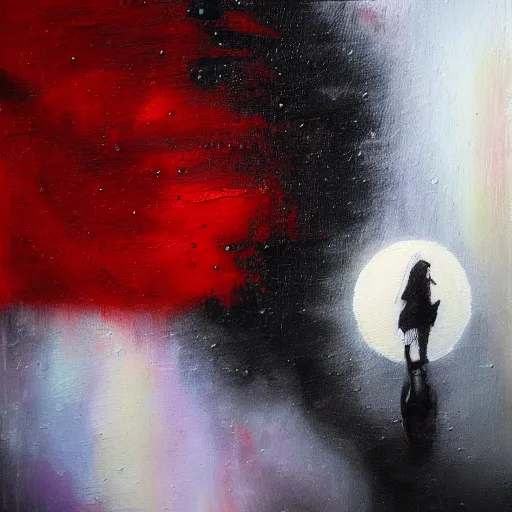 Image similar to rain, moon, knight and princess, oil painting, red and black, bloom, detailed, coherent like dalle 2