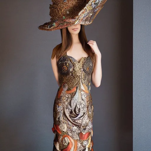 Image similar to exclusive evening dress made of bronze transparent fabric fantasy with colored flower petals made of fabric. intricate asymmetrical patterns. an elegant hat. hyperrealistic photos, clear details.