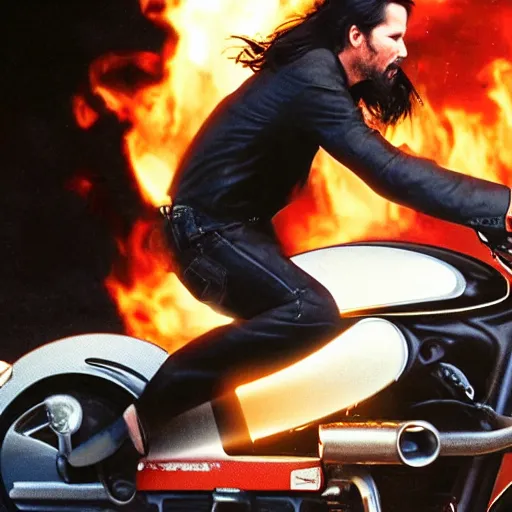 Prompt: Keanu reeves Riding a motorcycle Through Fire 4K detail