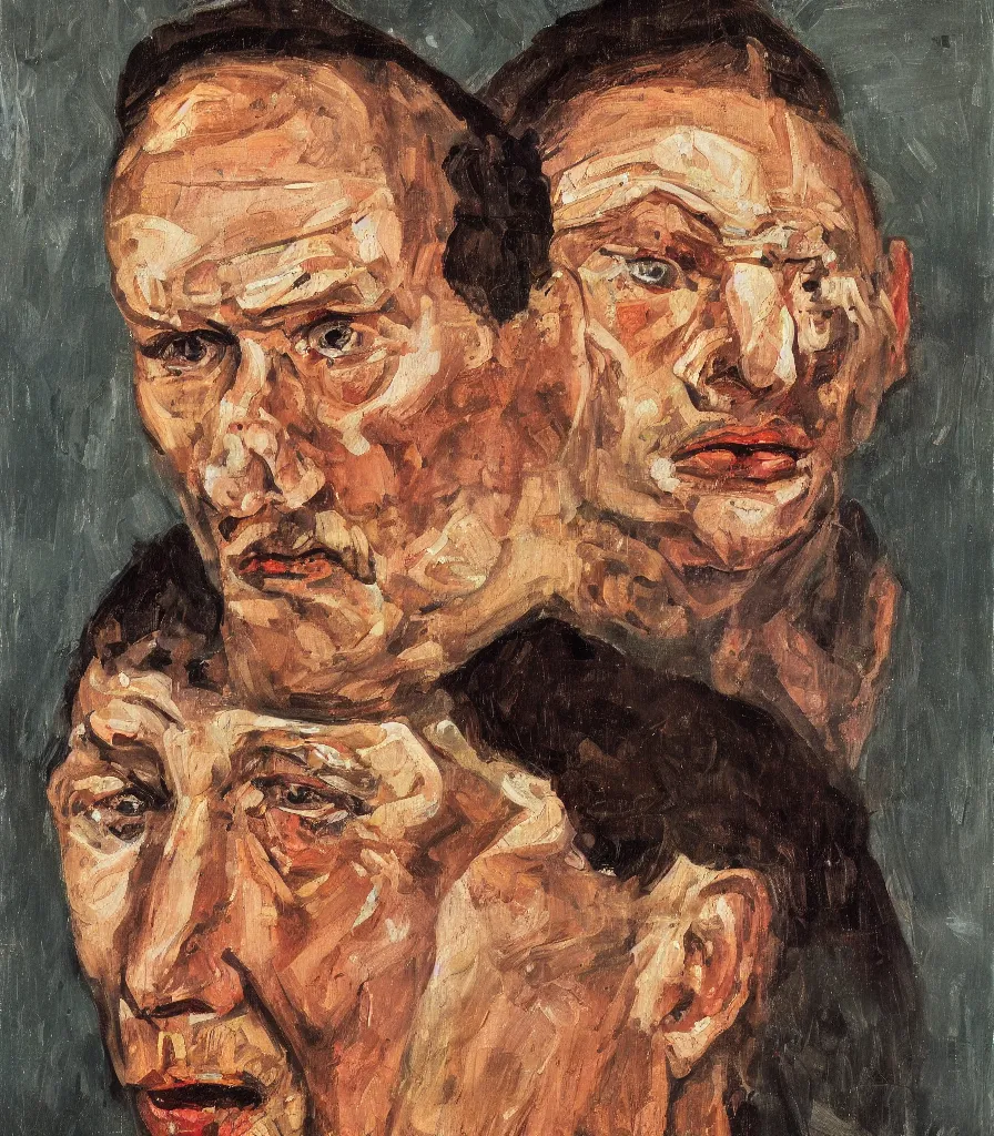 Image similar to head shot of a russian man in the style of lucian freud self portrait. oil painting, thick brush strokes.