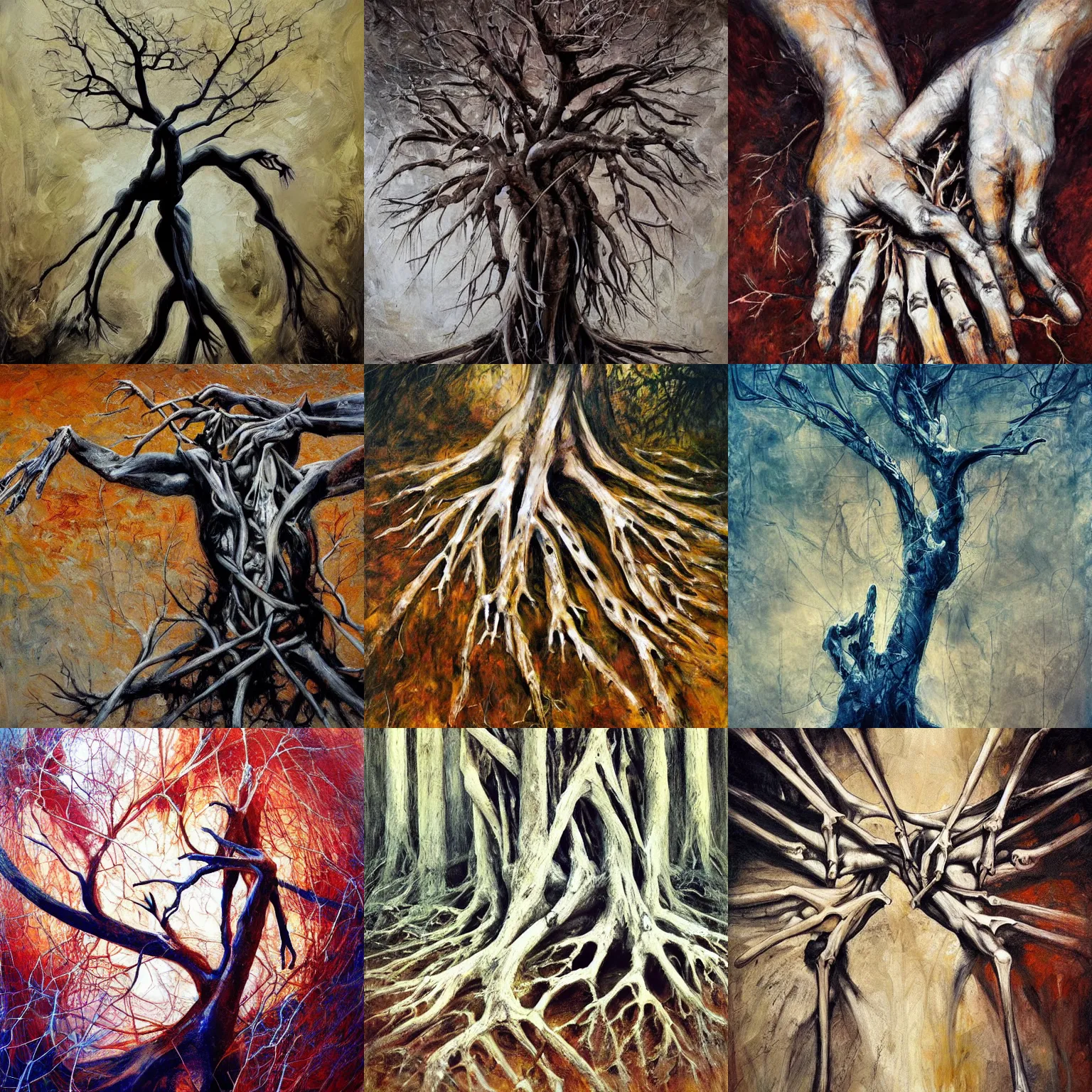 Prompt: gestures, bones, roots, fingers, tree branches composition abstract, magical, realism, by seveso, asencio, baars