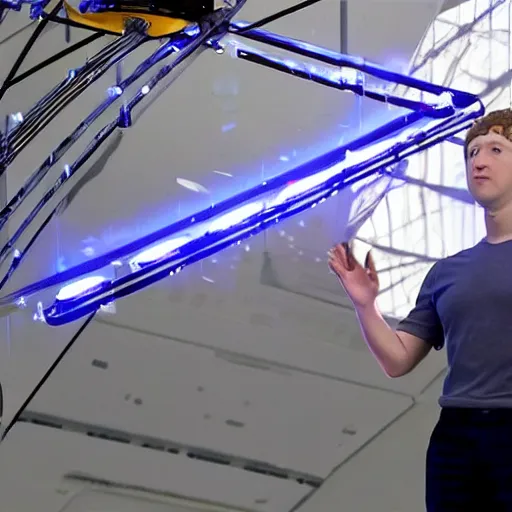 Image similar to mark Zuckerberg piloting an advanced drone from a sci-fi control deck. Glowing lights.