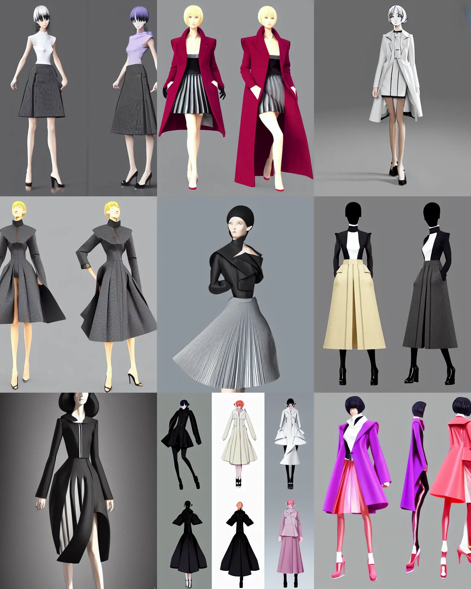 Prompt: designer anime stylized figure haute couture collection light textiles, body fitted dart manipulation, loose coat collar sailor uniform, midi skirt, coated pleats, synthetic curves striking pose, stylized dynamic folds, cute huge pockets, intriguing volume flutter, youthful, modeled by modern designer bust, holographic, expert composition, professional retouch, editorial photography