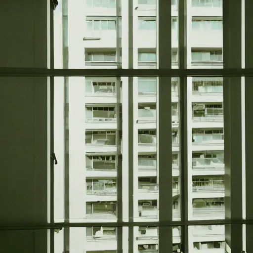 Image similar to noisy color photograph of a retrofuturist liminal space, looking over an indoor balcony, minimalist, cinematic, soft vintage glow