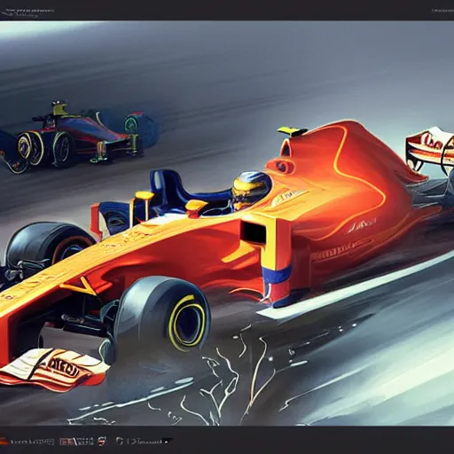 Image similar to formula 1 race, intricate, highly detailed, digital painting, artstation, concept art, smooth, sharp focus, illustration, Unreal Engine 5, 8K, art by artgerm and greg rutkowski and alphonse mucha