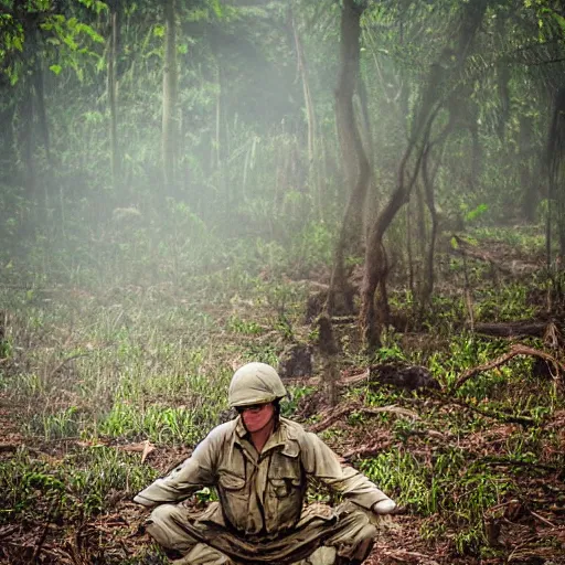 Prompt: us soldier in vietnam era clothes, meditating above the ground in a dense jungle, eyes are bright lights, mystical fog surrounds them, spooky