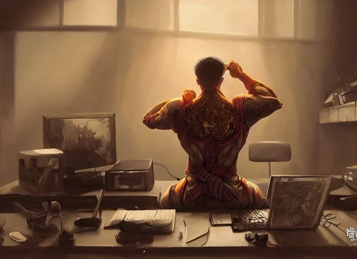 Image similar to an insanely detailed painting of an asian man wearing a homemade superhero costume, sitting at a desk, staring seriously at the computer and typing, in the style of peter mohrbacher, dramatic lighting and composition, surreal background, octane render, pixar, trending on artstation, concept art, comic book, view from behind, 8 k