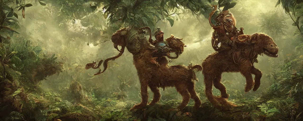 Image similar to an intricate concept illustration of a boy riding on fluffy creature exploring the jungle, artstation, fantasy, hyper realistic, concept art, art by dylan cole, cinematic lighting, fantasy color palette