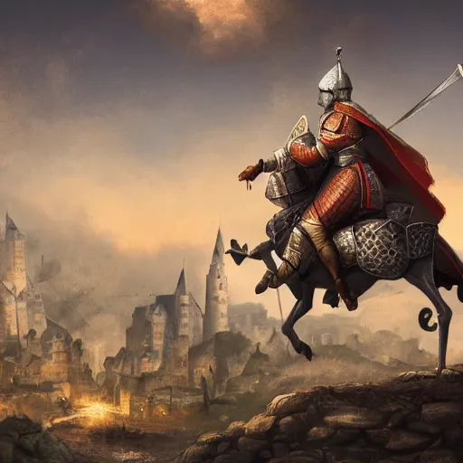 Image similar to Medieval knight with his sword drawn riding on top of a huge snail in a medieval city, wide shot, detailed, 4K, digital art, cinematic lighting, dynamic lighting, ambient lighting, award winning art