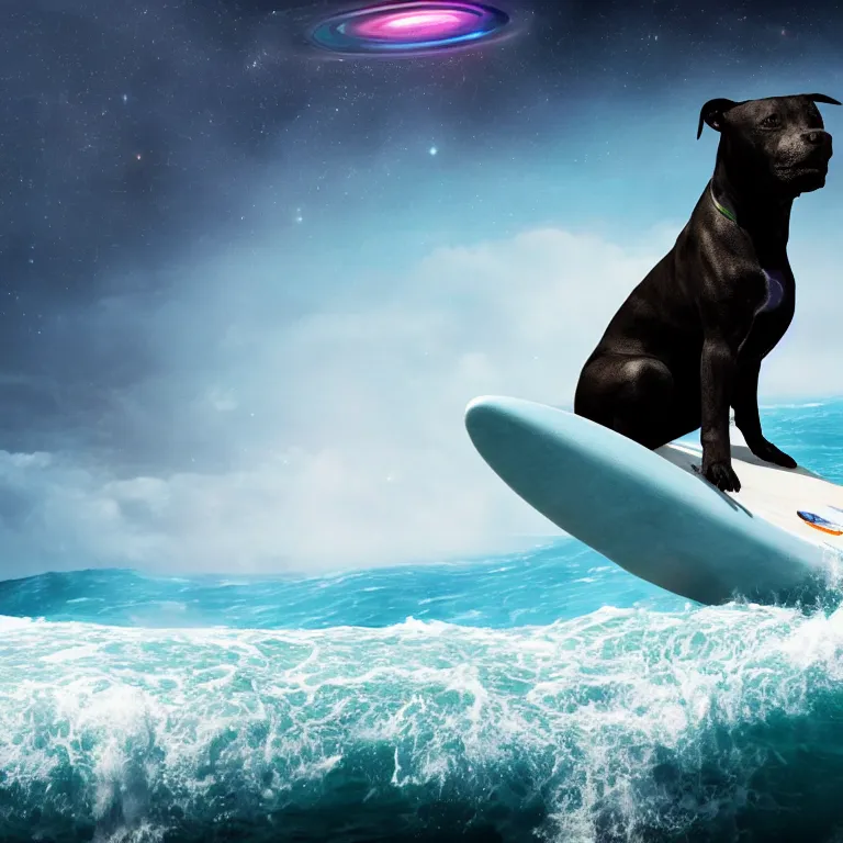 Image similar to photo of a female black coat pit bull with white paws, surfing on a surfboard in a crashing wave of alien ocean in space, background is an alien galaxy, aliens in the background, alien colors, octane render, unreal engine, wide view, 8 k, high detaild