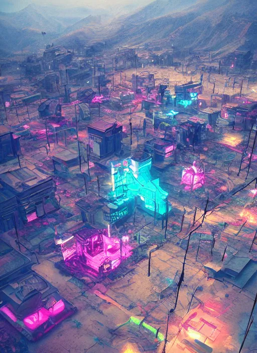 Image similar to abandoned cyberpunk village on a mountain, bird eye view, neon colors artwork by beeple