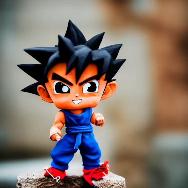 Image similar to goku chibi cute made of clay, full body, hyper detailed, 3 5 mm, f 1. 2, city background, bokeh