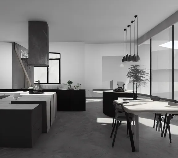 Image similar to brutalist black house kitchen with 2 islands interior design minimalist organic, organic architecture furniture open space high quality octane render blender 8 k