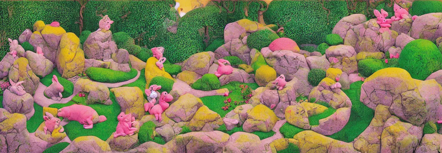 Image similar to a rock garden filled with pink rabbits, by m. c. escher, yellow, green, red, snowy, ultra sharp, ultra detailed, cyberpunk, happy, uplifting, colorized by salvador dali