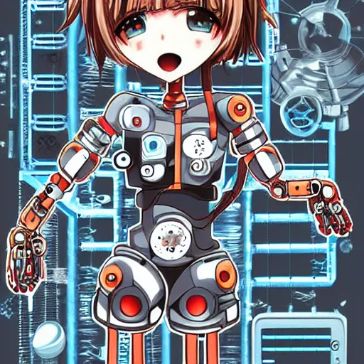 Image similar to Anime manga robot!! Anime girl, cyborg girl, exposed wires and gears, fully robotic!! girl, manga!! in the style of Junji Ito and Naoko Takeuchi, cute!! chibi!!! Schoolgirl, epic full color illustration, tattoo