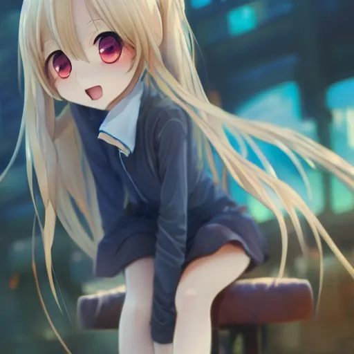 Image similar to a very beautiful anime girl, full body, long wavy blond hair, sky blue eyes, full round face, short smile, cute top, miniskirt, sitting on a miniature city, cinematic lightning, medium shot, mid-shot, highly detailed, trending on Artstation, Unreal Engine 4k, cinematic wallpaper by Stanley Artgerm Lau, WLOP, Rossdraws, James Jean, Andrei Riabovitchev, Marc Simonetti, and Sakimichan