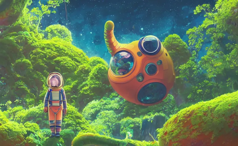 Image similar to a still of a cute adorable tiny astronaut, on a planet of lush colorful foliage, with an enormous kaiju dragon surrounding the full background, magical forest, sharp focus, neon backlit, highly detailed, disney pixar studio ghibli makoto shinkai, digital painting, matte, octane render, cinematic bloom, global illumination, iridescent, anime, 8 k concept art