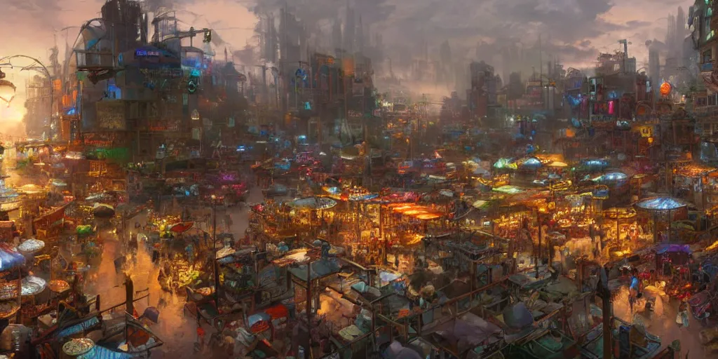 Prompt: screenshot of a vibrant marketplace in a massive makeshift city, dappled light, colossal arcing metal structures high in the sky, beautiful, awe inspiring, fps, thomas kinkade, by craig mullins, james gurney, greg rutkowski, sparth, mucha, cinematography, cinematic masterpiece