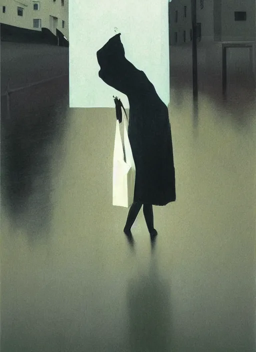 Image similar to woman dressed in plastic bags in paper bag over the head on flooded street Edward Hopper and James Gilleard, Zdzislaw Beksinski, highly detailed