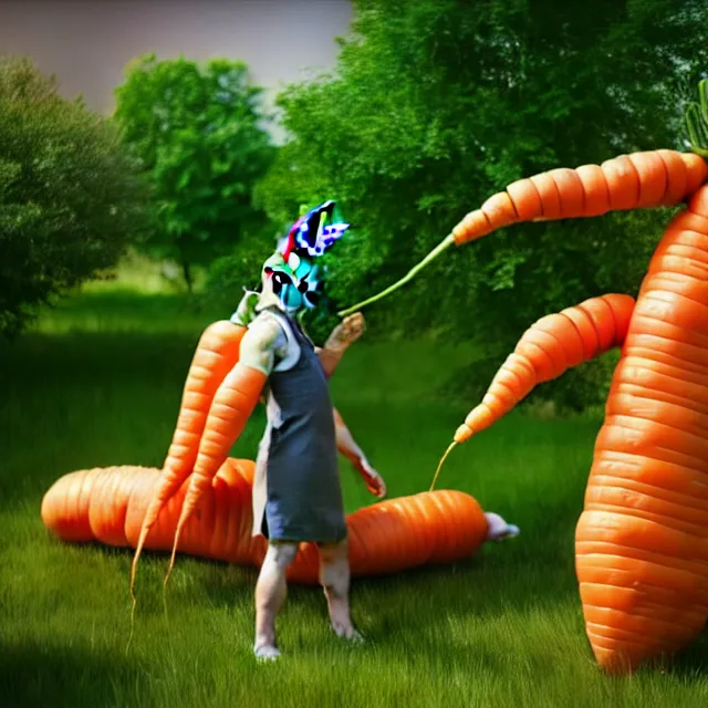 Prompt: photograph of giant rabbits eating humanoid carrot - people in the garden full cinematic scene, 4 k realistic photorender