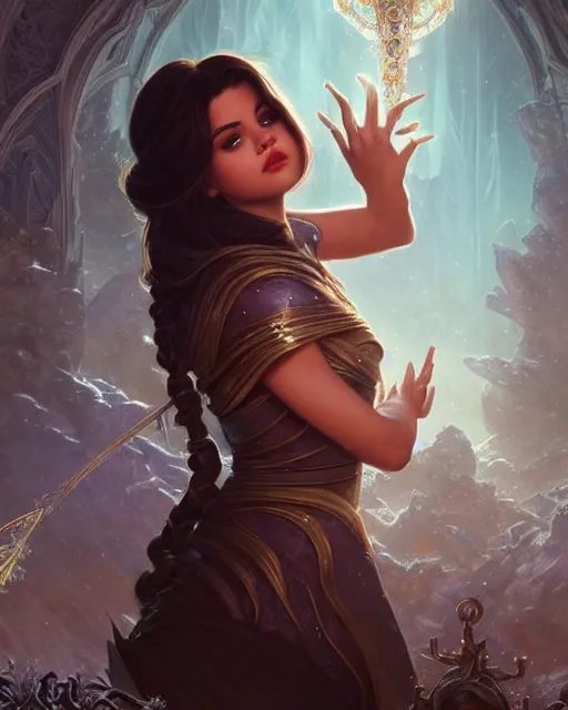 Image similar to Selena Gomez casting an frost spell, D&D, fantasy, intricate, elegant, highly detailed, digital painting, artstation, concept art, matte, sharp focus, illustration, hearthstone, art by Artgerm and Greg Rutkowski and Alphonse Mucha