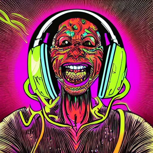 Image similar to artgerm, psychedelic laughing demon, rocking out, headphones dj rave, digital artwork, r. crumb, svg vector