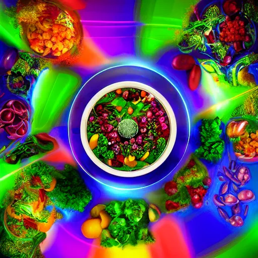 Image similar to Photorealistic magic super salad. Hyperdetailed photorealism, 108 megapixels, amazing depth, glowing rich colors, powerful imagery, psychedelic Overtones, 3D finalrender, 3d shading, cinematic lighting, artstation concept art