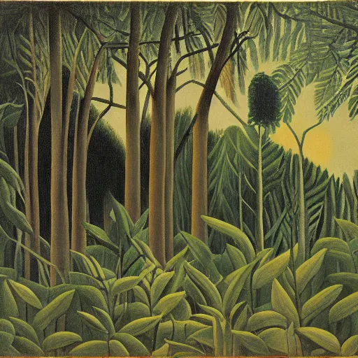 Image similar to deforestation by henri rousseau, post-impressionist painting