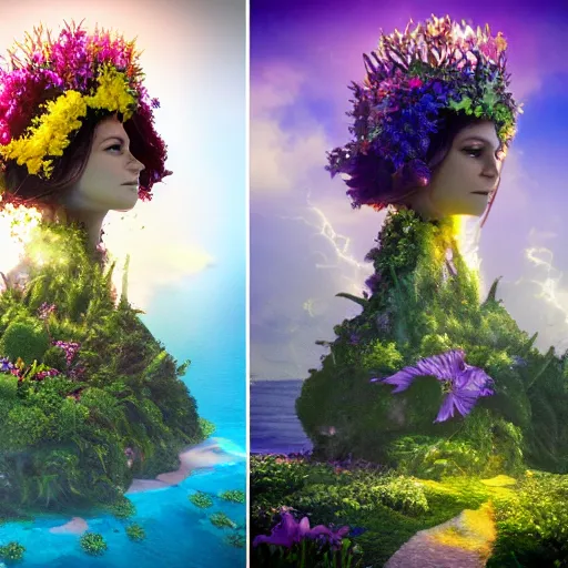 Image similar to Mother Nature with a crown made of flowers towering over a tropical island, Dramatic Lighting, Trending on Artstation HQ, 4K, UHD.