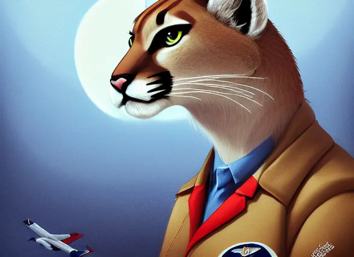 Image similar to character portrait feature of the anthro female anthropomorphic puma bobcat mountain lion fursona wearing airline pilot outfit uniform professional pilot for delta airlines character design stylized by charlie bowater, ross tran, artgerm, and makoto shinkai, detailed, soft lighting, rendered in octane