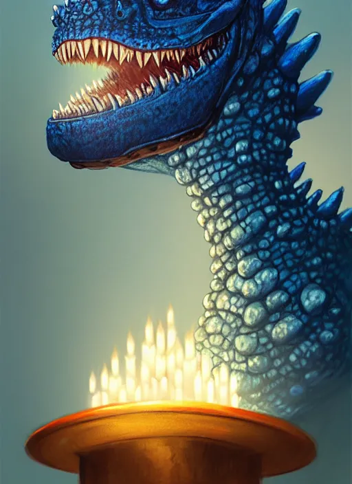 Image similar to portrait of a screaming tiny fat blue godzilla in a hat, intricate, elegant, candle light, highly detailed, digital painting, artstation, concept art, smooth, sharp focus, illustration, art by wlop, mars ravelo and greg rutkowski