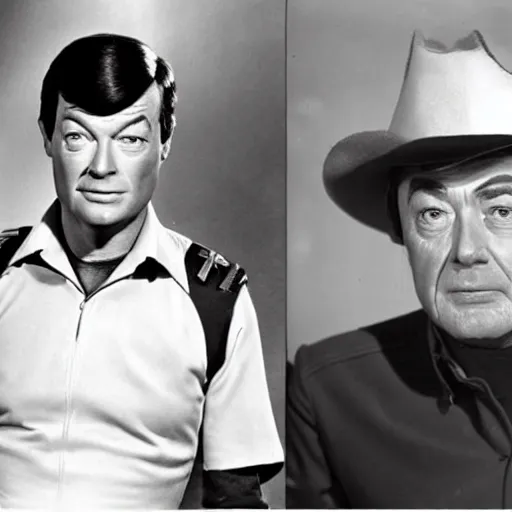 Prompt: photo of a person who looks like a mixture between deforest kelley and james doohan