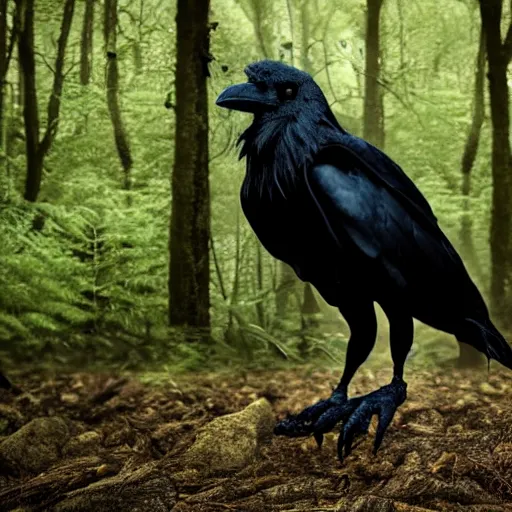 Prompt: werecreature mixture of human and crow, photograph captured in a forest