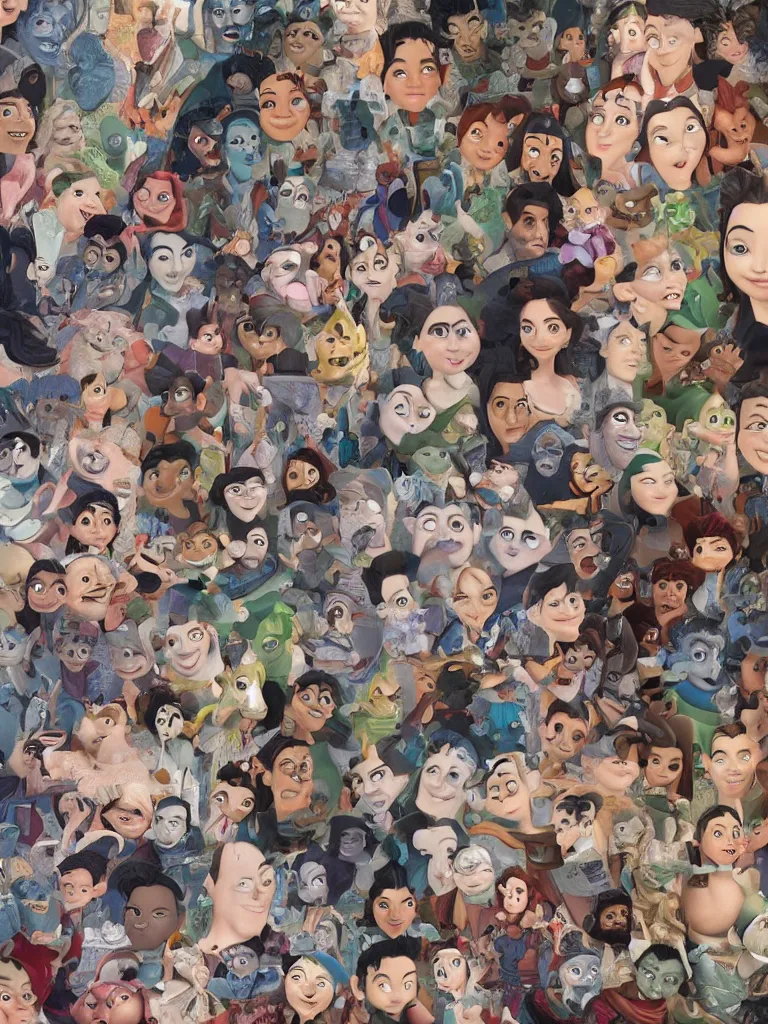 Prompt: thousand faces packed together by disney concept artists, blunt borders, rule of thirds