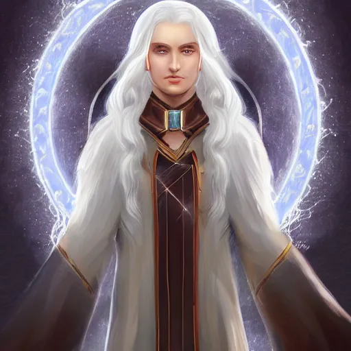 Image similar to Beautiful white haired aged fair skinned scholar elf with spell scroll and lightning background, full body, symmetrical, realism, digital painting, detailed artwork, portrait, mythical, artstation